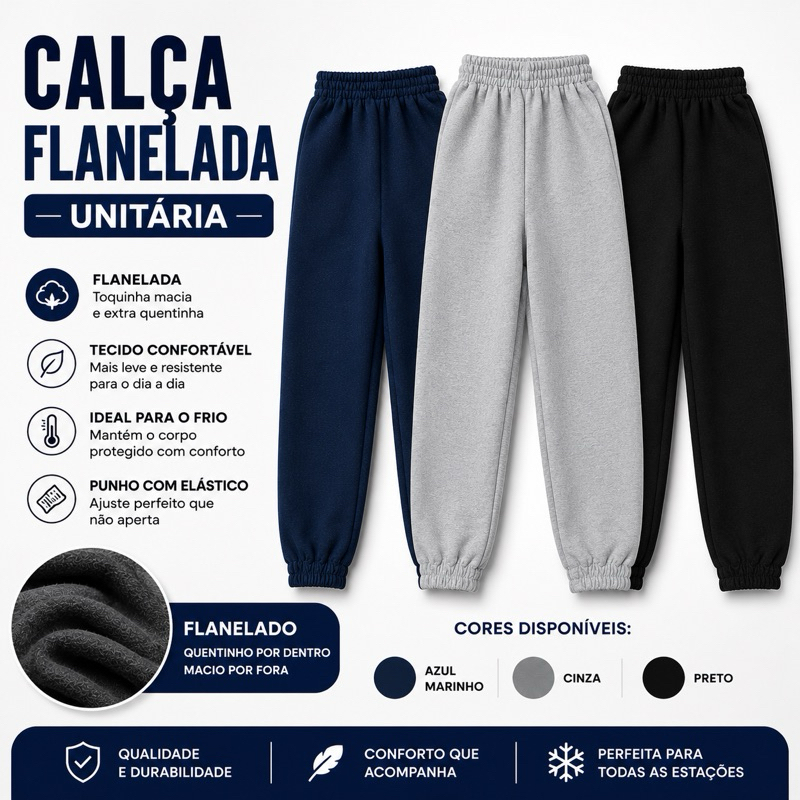 Calça Moletom 100% Algodão Infantil Punho Kyly Confortavel Inverno Quentinha Flanelada Promoção