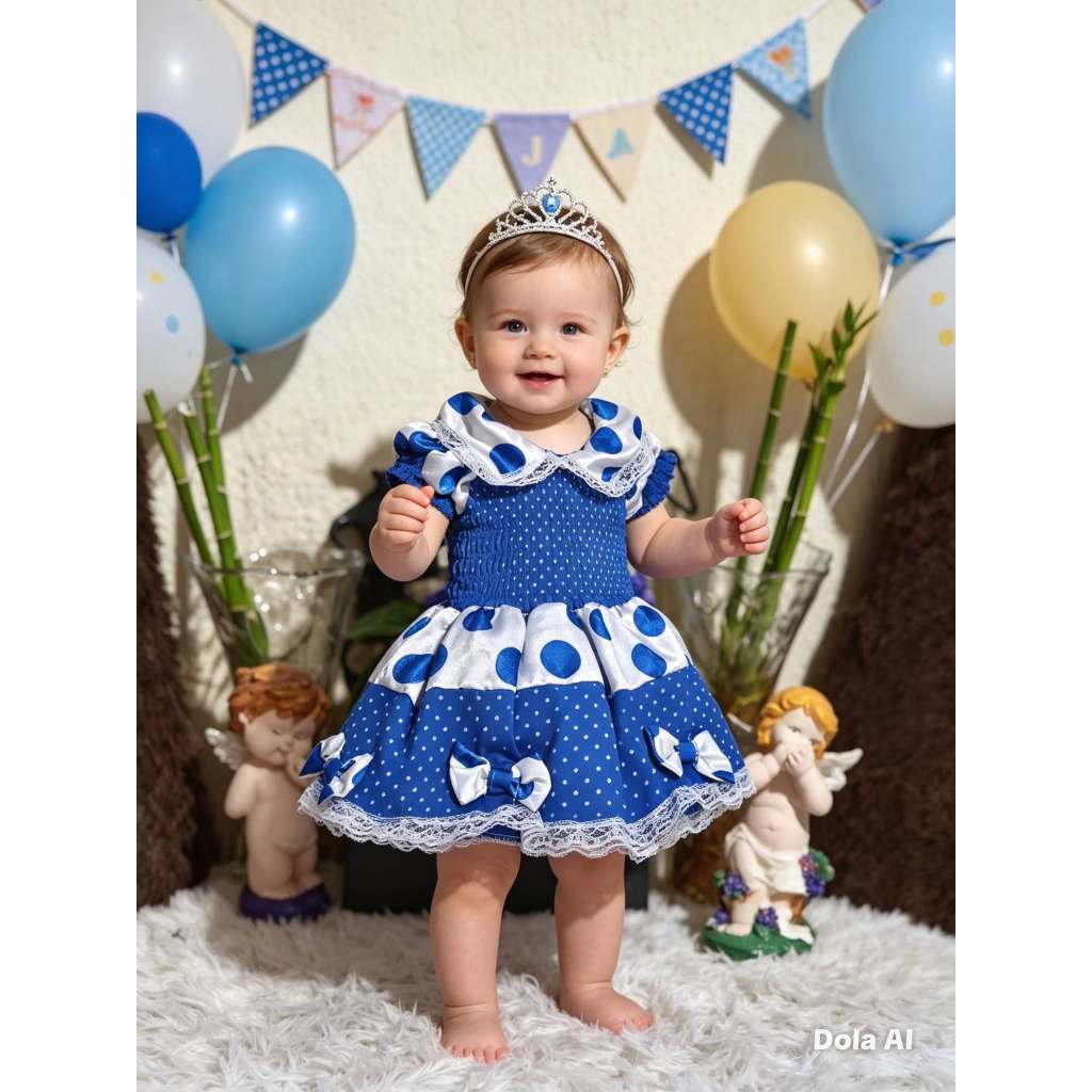 Vestido Infantil Feminino Junino, Modelo Manga Curta, Azul Caneta/Branco Bolinha, Tam: 1, Marca: Bauerbauer1977