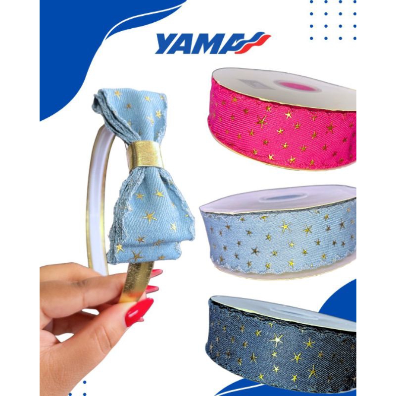 Fita Jeans Estela Dourada YAMA 2 metros 38mm laços Tiaras Decoração Acessórios Cabelo Laceira