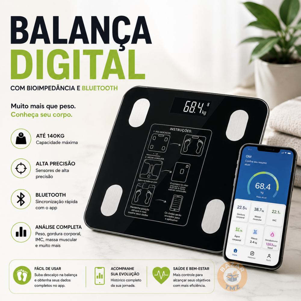 Balança Digital Bioimpedância Bluetooth Até 140kg App Saúde Gordura Corporal Fitness