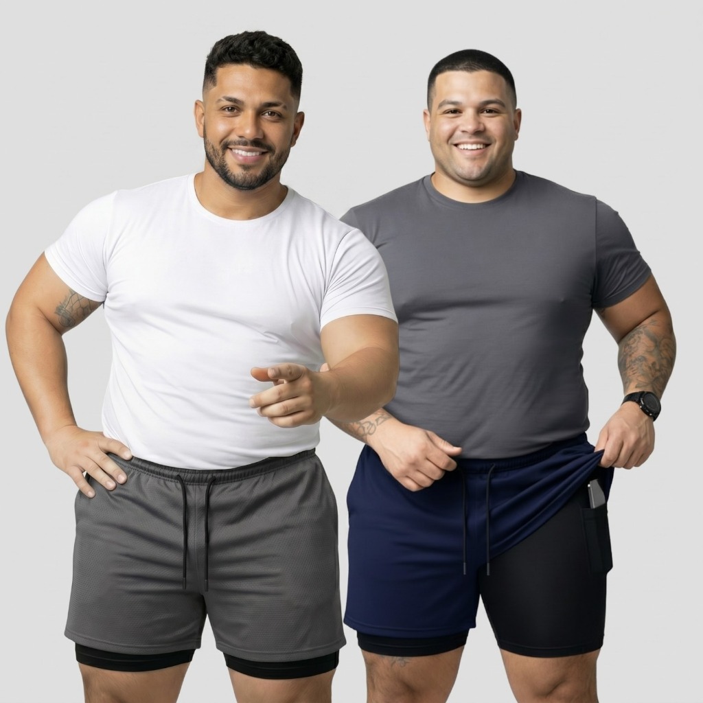 Kit 2 Shorts 2 em 1 PLUS SIZE Masculino G1 ao G3 Academia Corrida Treino