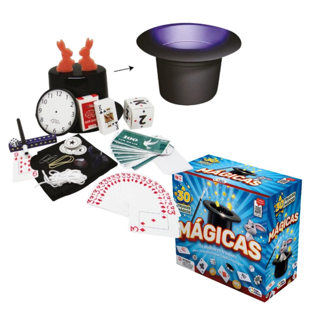 Magica Brinquedo Infantil Kit 30 Truques Cartola Varinha Baralho Pais e Filhos 7282
