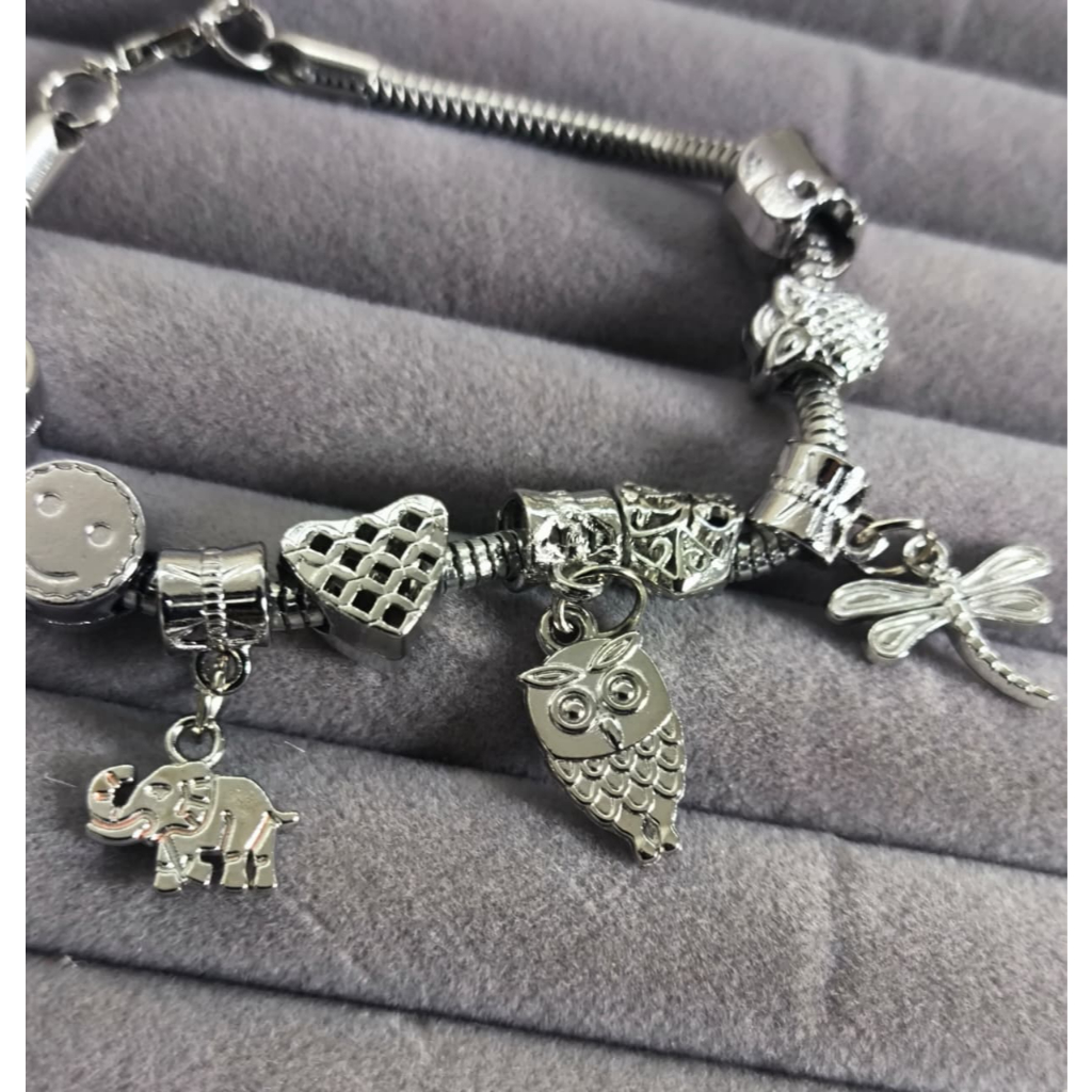 Pulseira Charms de Coruja Libélula Elefante e varias Figuras em Aço, Durável Feminino Masculino