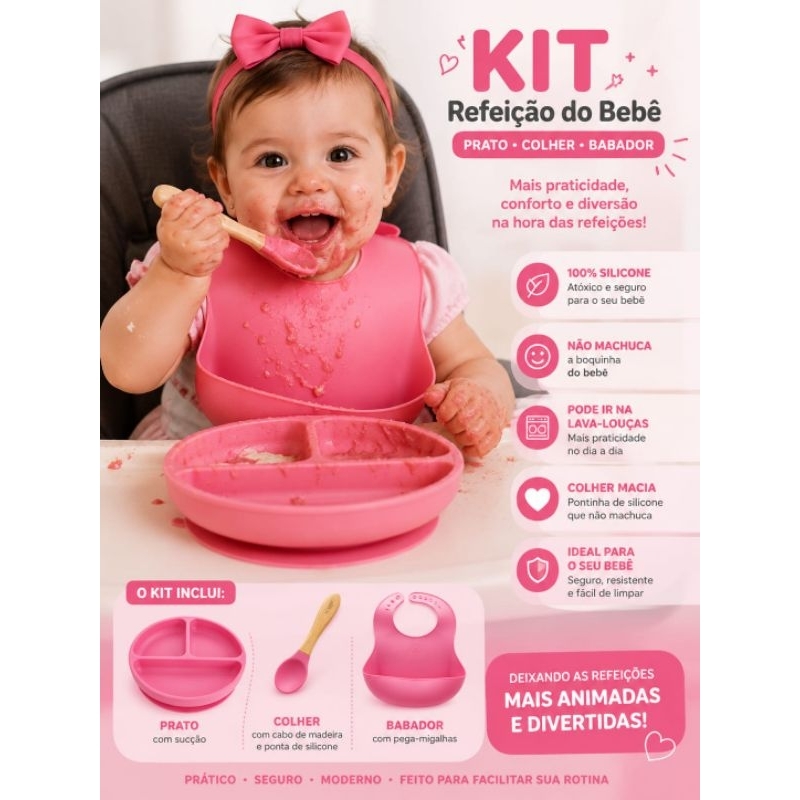 Kit Refeição Bebê em Silicone com Prato, Talheres e Babador Kit bebê alimentação! Ideal para de chá de bebê.