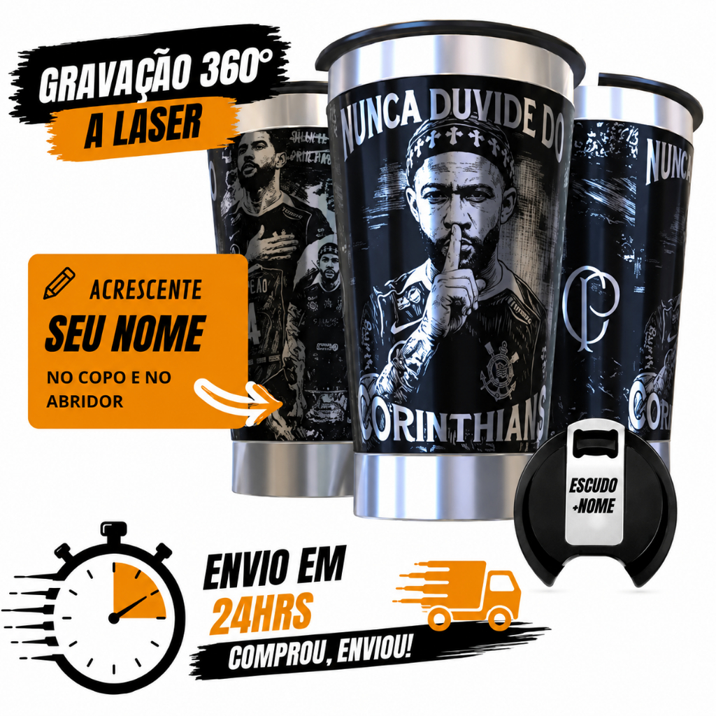 Copo Térmico Corinthians Gravado a Laser 360° 473ml Personalizado com Nome | Presente para Fiel