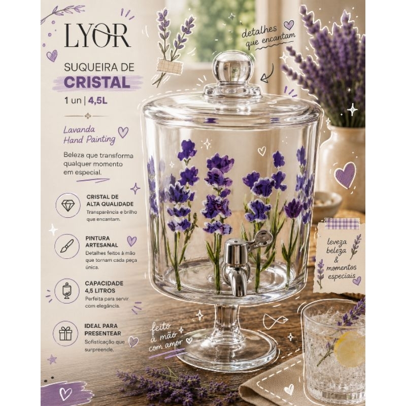Suqueira Bold com Pé e Tampa Lavanda Hand Painting 4,5L Cristal Lyor