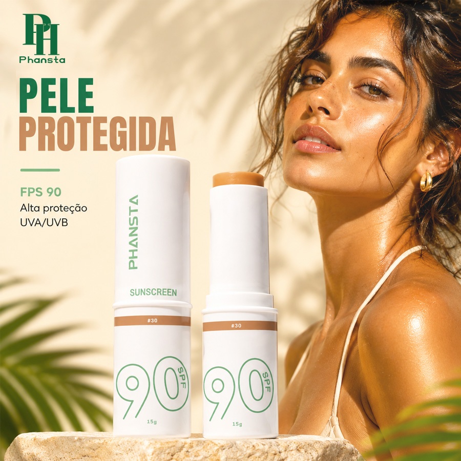 PHANSTA Protetor Solar Facial Bastão Com Cor FPS 90 Efeito Matte Toque Seco e Anti-Oleosidade 15g