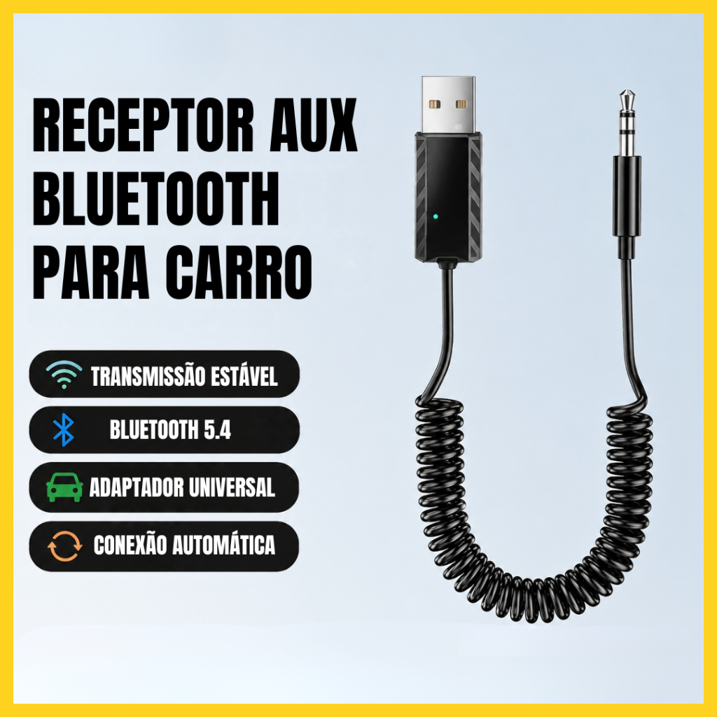 Adaptador Receptor Bluetooth USB P2 para Carro Áudio Aux com Microfone Chamadas com Cancelamento de Ruído