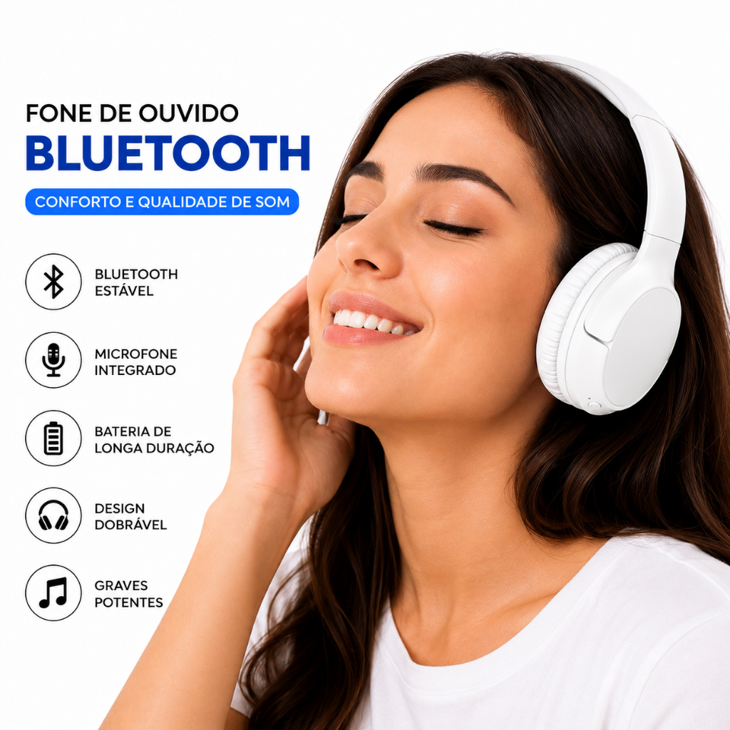 Fone de Ouvido Sem Fio Bluetooth Branco Headphone Dobrável com Microfone e Graves Potentes