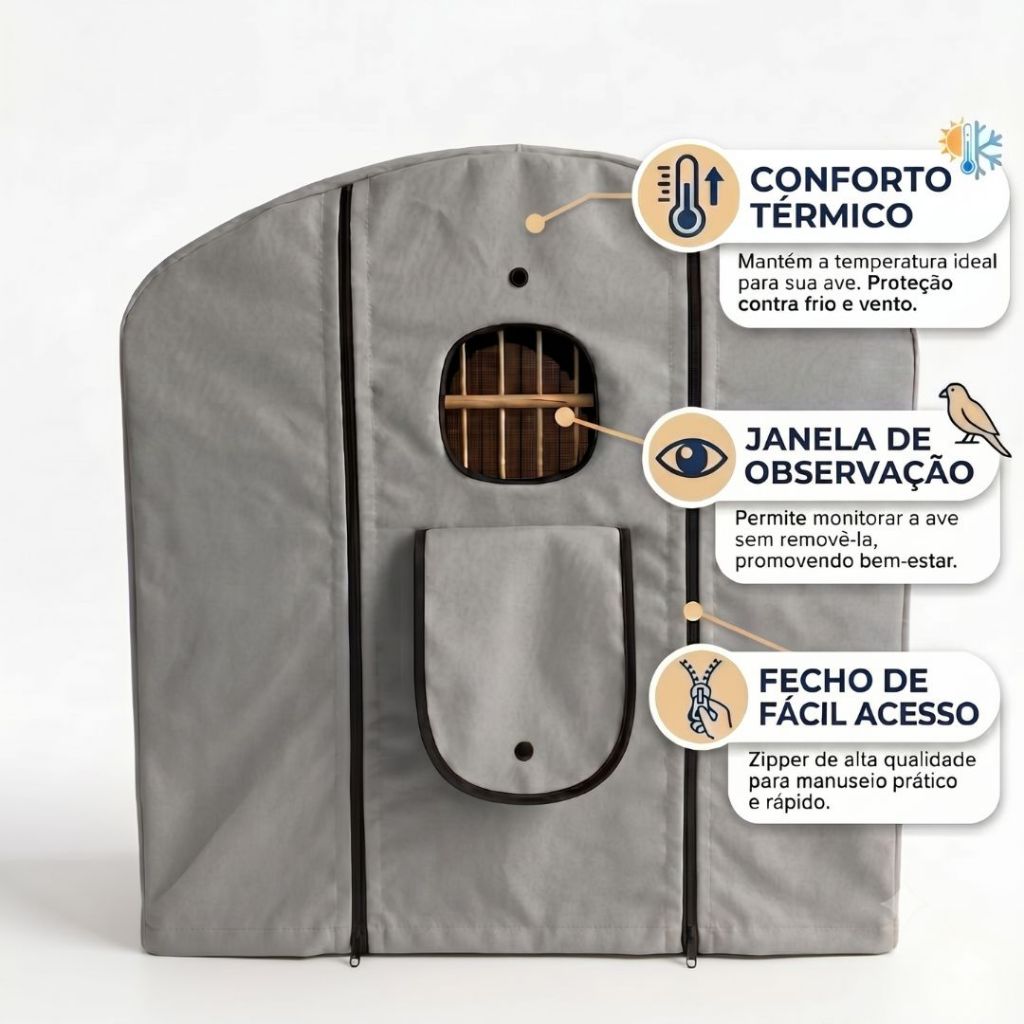 Capa Para Gaiola Cinza Luxo Coleiro e Trinca Ferro 2 Fechos Papa Capim Pixarro