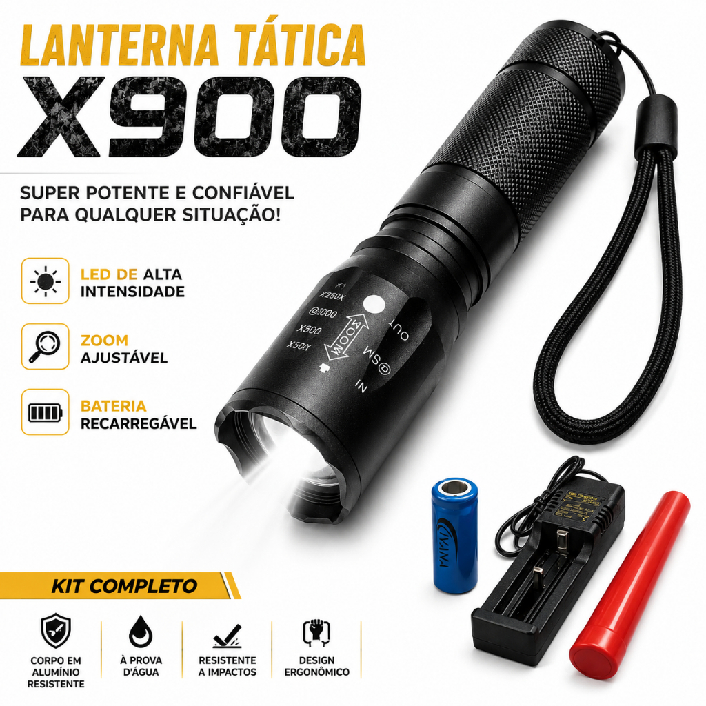 Lanterna Tática X900 LED Potente, Recarga USB com Zoom, Ideal Camping