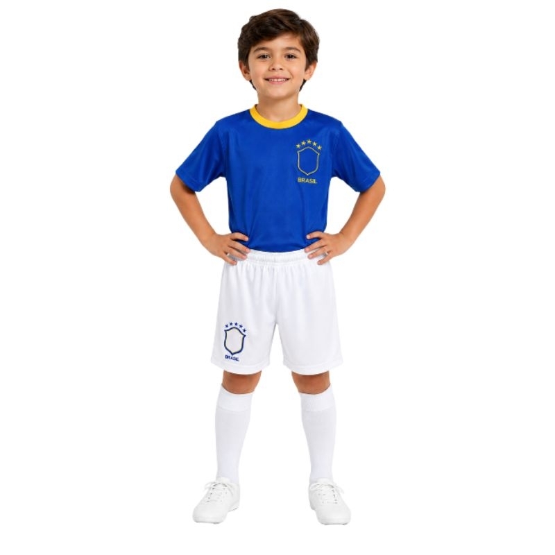 Conjunto Infantil Futebol Amarelo e Azul Camisa Nº 10 Uniforme Esportivo Masculino Manga Curta