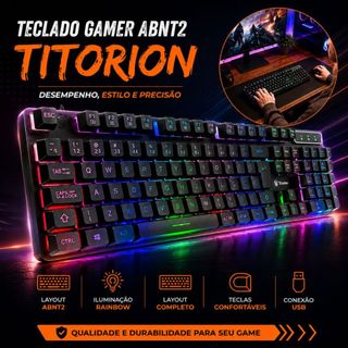 Teclado Gamer Semi Mecânico 100% com Fio Preto Abnt2 Usb Rgb Computador Videogame Titorion