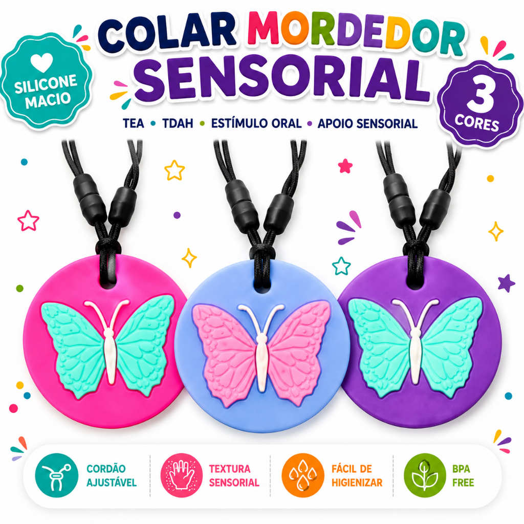 Colar Mordedor Autismo Anti Stress TOD TDAH Sensorial Borboleta