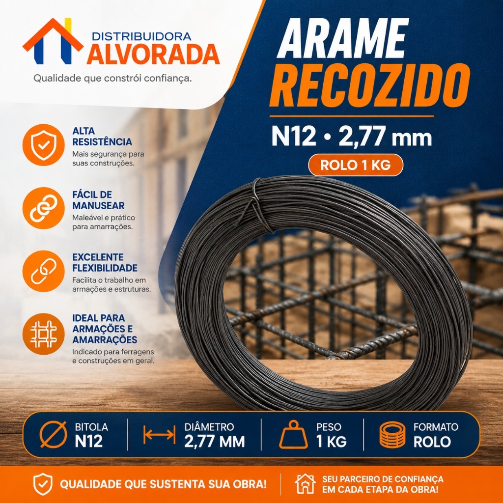 Arame Recozido, N12, 2,77 mm, Rolo 1 kg, Amarração De Ferragem Construção Civil Artesanato