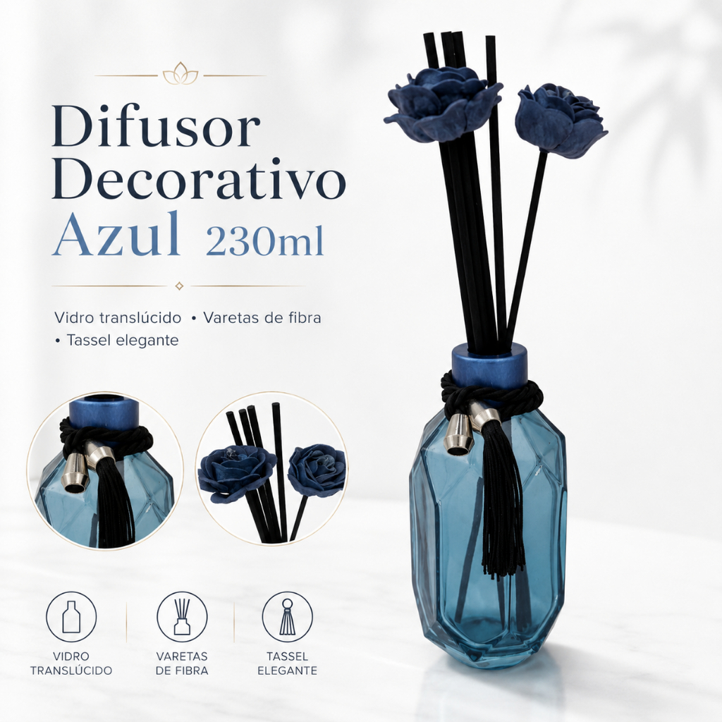 Difusor Decorativo Azul 230ml Vidro Translúcido com Varetas de Fibra, Flores e Tassel