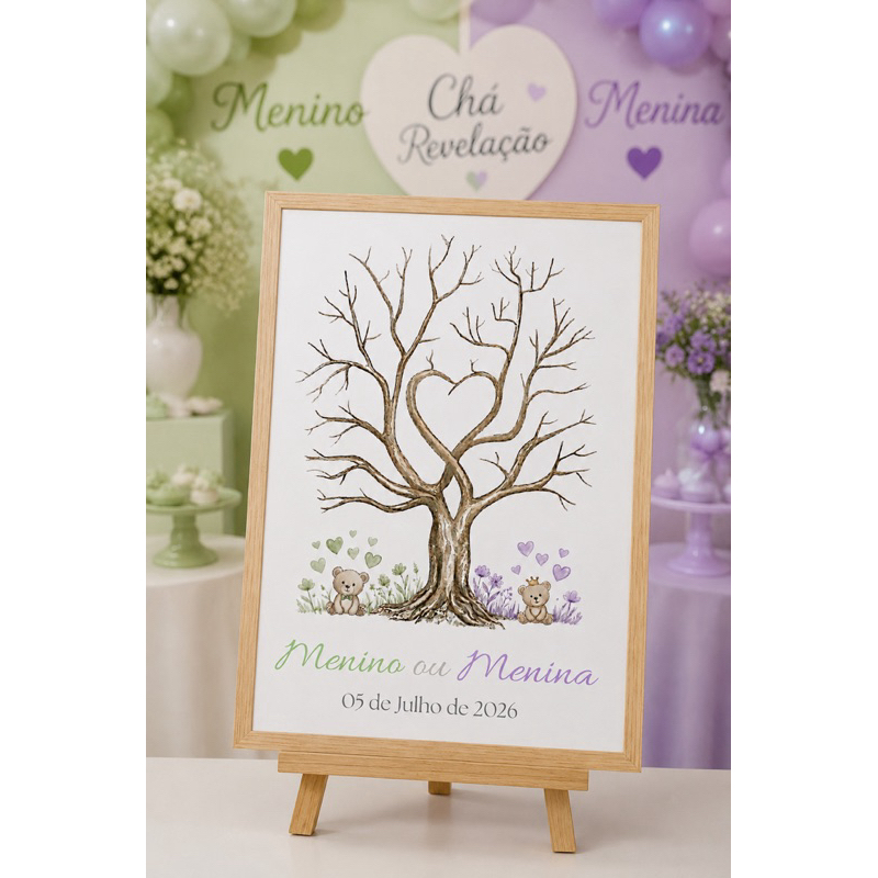Quadro personalizado chá revelação árvore digitais ursinhos menino ou menina todas as cores