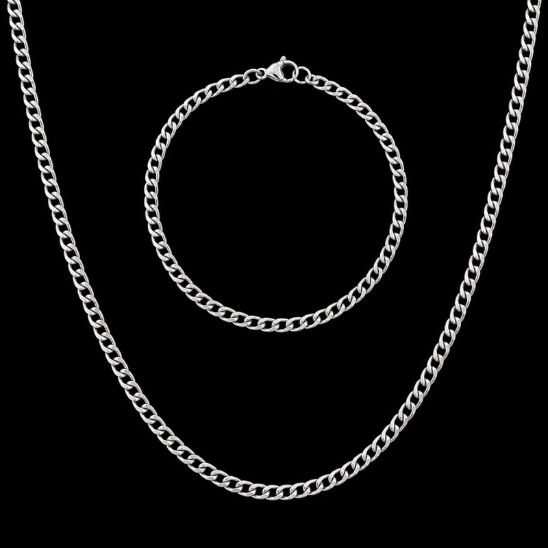 Conjunto Grumete Colar E Pulseira Corrente Aço Inoxidável Masculina Feminina Duravel Cor Prata 70cm 3 mm