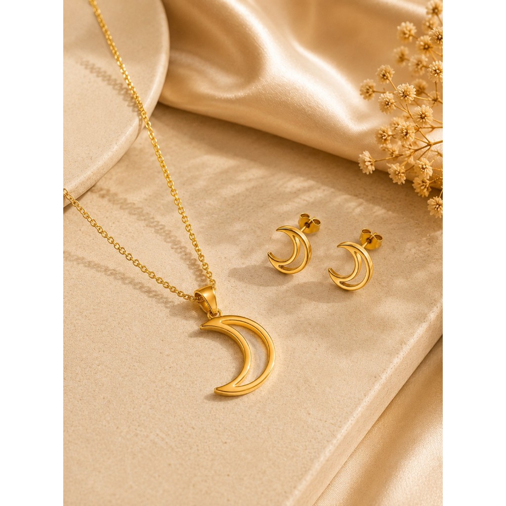 Conjunto Colar e Brincos Lua Vazada Dourado Feminino Aço Inoxidável Antialérgico