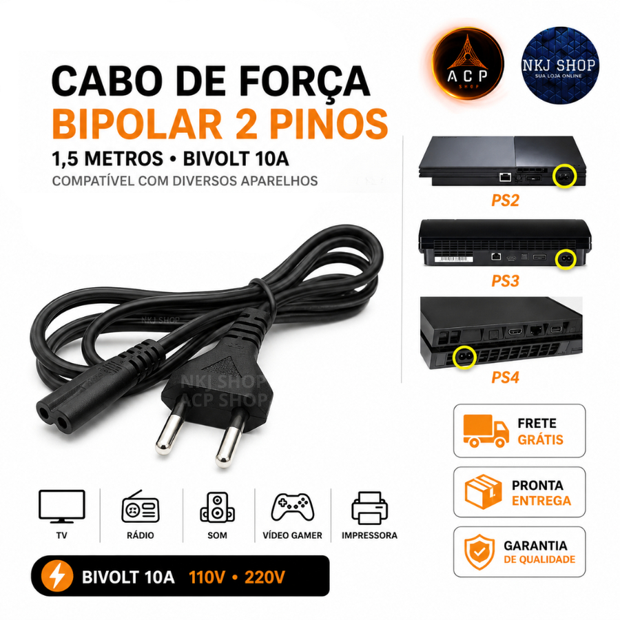 Cabo de Força Bipolar 2 Pinos 1,5m 10A Bivolt Para PS2 PS3 PS4 TV Rádio Som Vídeo Game Impressora