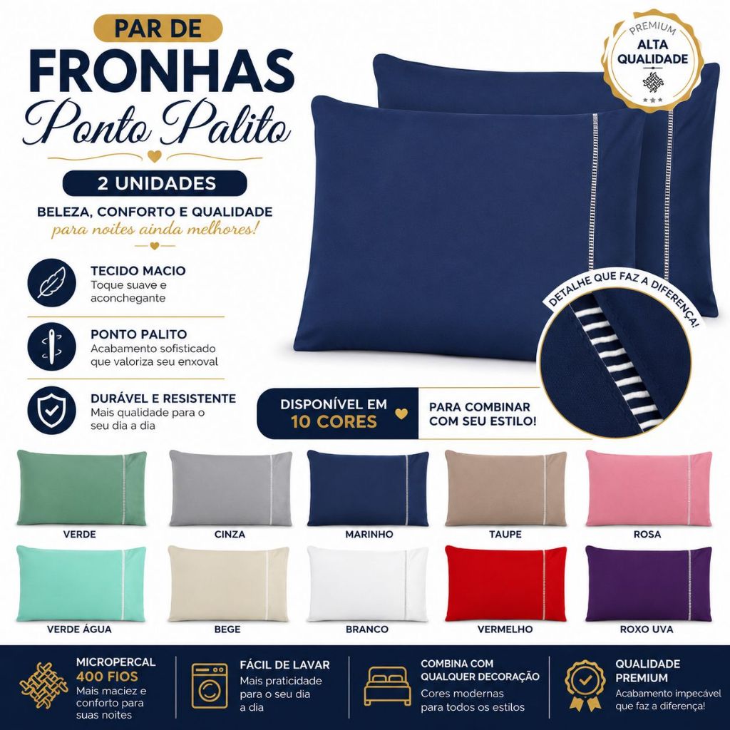 Kit 2 Fronhas Micropercal 400 Fios 50x70 Ponto Palito Toque Macio