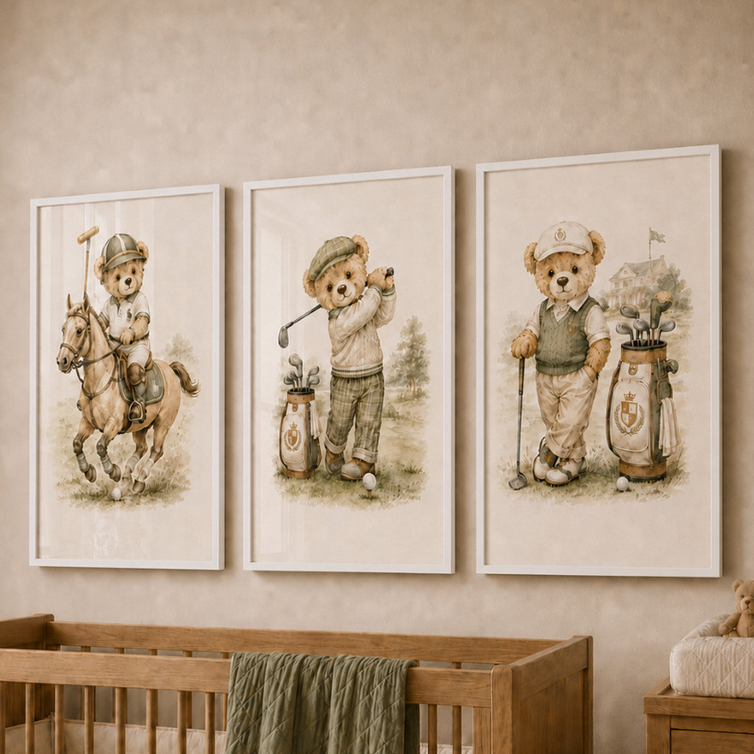 Kit 3 Quadros Infantil 60x40 Clean Ursinho Cavalo Moldura e Vidro Decorativo Arte Infantil Bebê Quarto