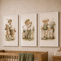 Kit 3 Quadros Infantil 60x40 Clean Ursinho Cavalo Moldura e Vidro Decorativo Arte Infantil Bebê Quarto