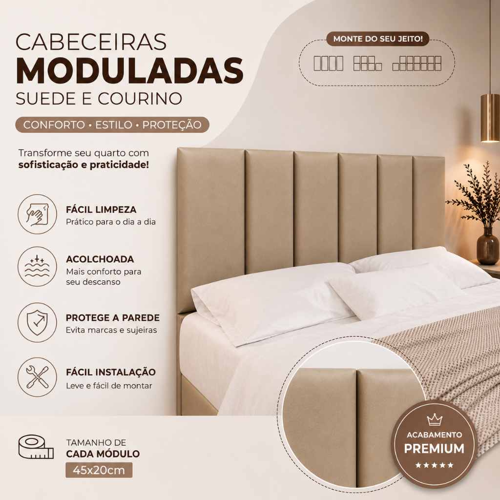 Kit de 4 a 10 Placas Estofadas 45x20cm para Cabeceira de Cama Infantil, Solteiro, Casal, Queen e King - Envio Imediato
