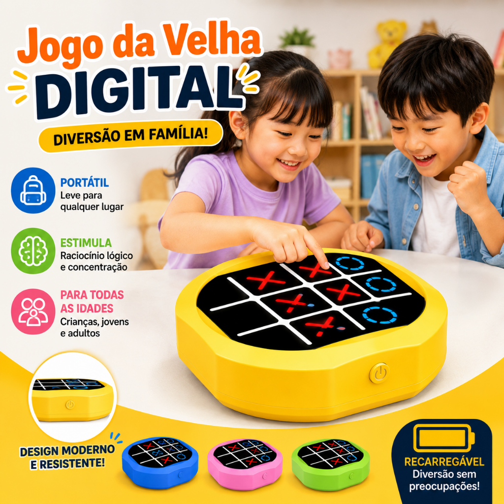 Jogo Da Velha Digital Eletronico 4 Em 1 Recarregavel Usb Led EducativoInterativo Portatil Memoria