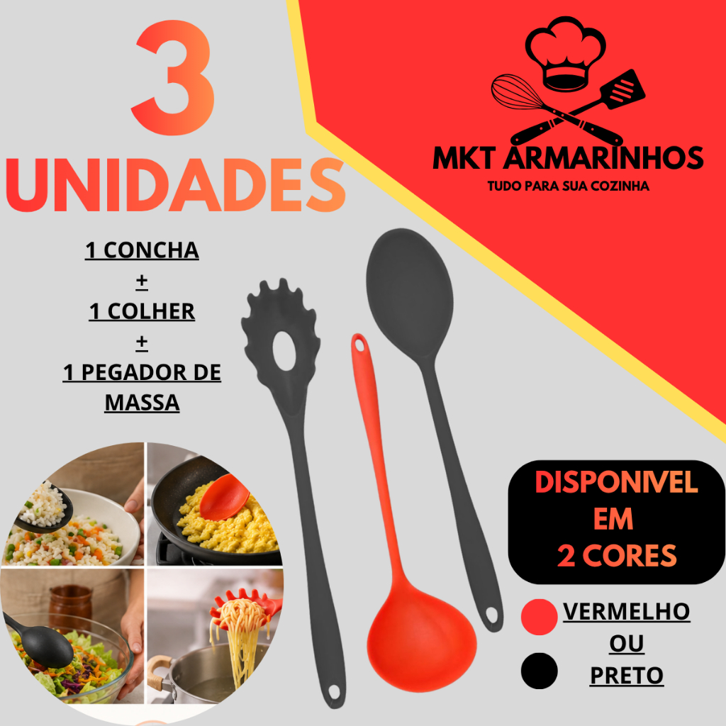 Kit Utensílios de Silicone 3 Peças Concha Colher Pegador de Massa Antiaderente Resistente ao Calor Cozinha Praticidade