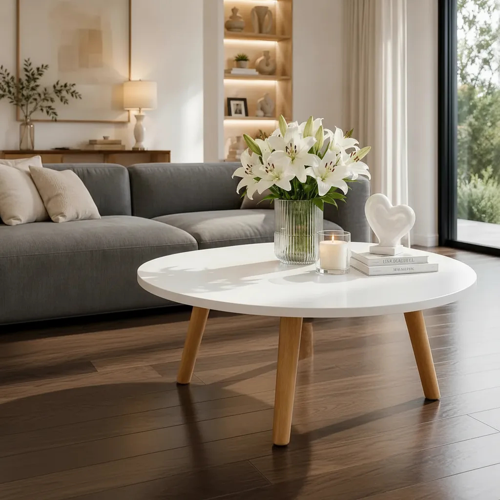 Mesa de Centro Branca Redonda Moderna MDF com Pés de Pinus Sala de Estar
