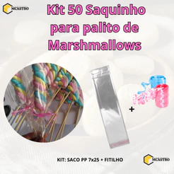 Kit Saquinho Pra Palito de Marshmallows Transparente 7X25 c/50 unids + Fitilho da sua preferência
