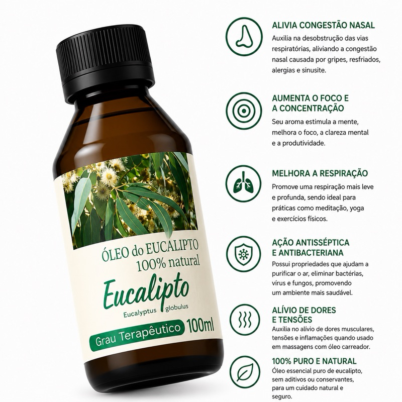 Óleo essencial de Eucalipto de 100ml Concentrado e Natural