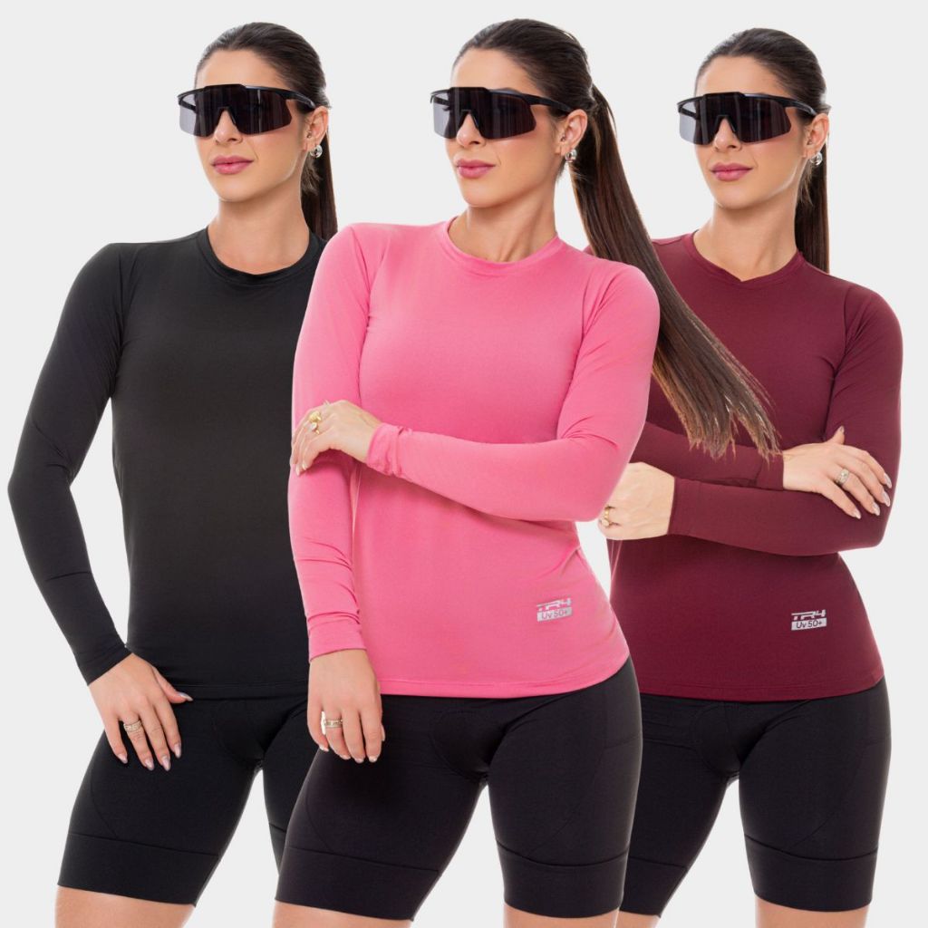Kit 3 Camisas Feminina Proteção Solar UV Segunda Pele Blusa Manga Longa Academia Piscina Praia Vôlei