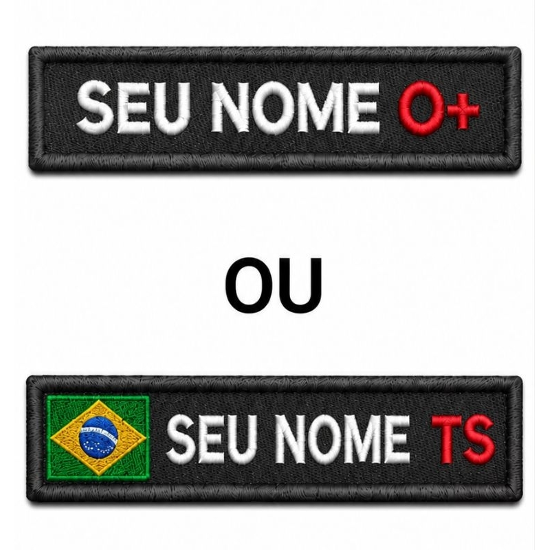 Tarja Tarjeta QRA Patch Bordado Sutache Biriba Tag de Identificação Nome e Tipo Sanguíneo 10 x 2.5cm