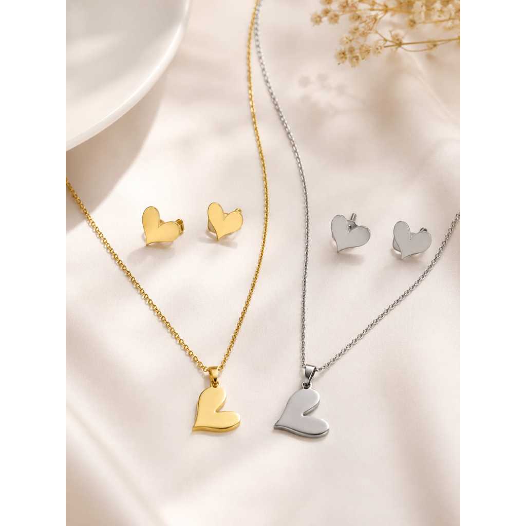 Conjunto Colar e Brincos Coração Aço Inoxidável Antialérgico Não Escurece Elegante Feminino Delicado