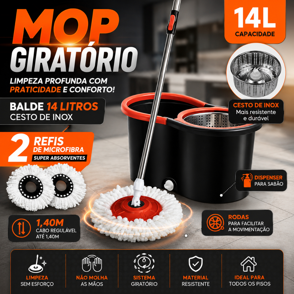 Mop Giratório Com Cesto Em Inox C/2 Refil  Cabo 140 cm e Dispenser Para Sabão - Nybc