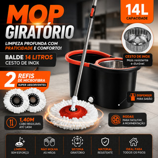 Mop Giratório Com Cesto Em Inox C/2 Refil  Cabo 140 cm e Dispenser Para Sabão - Nybc