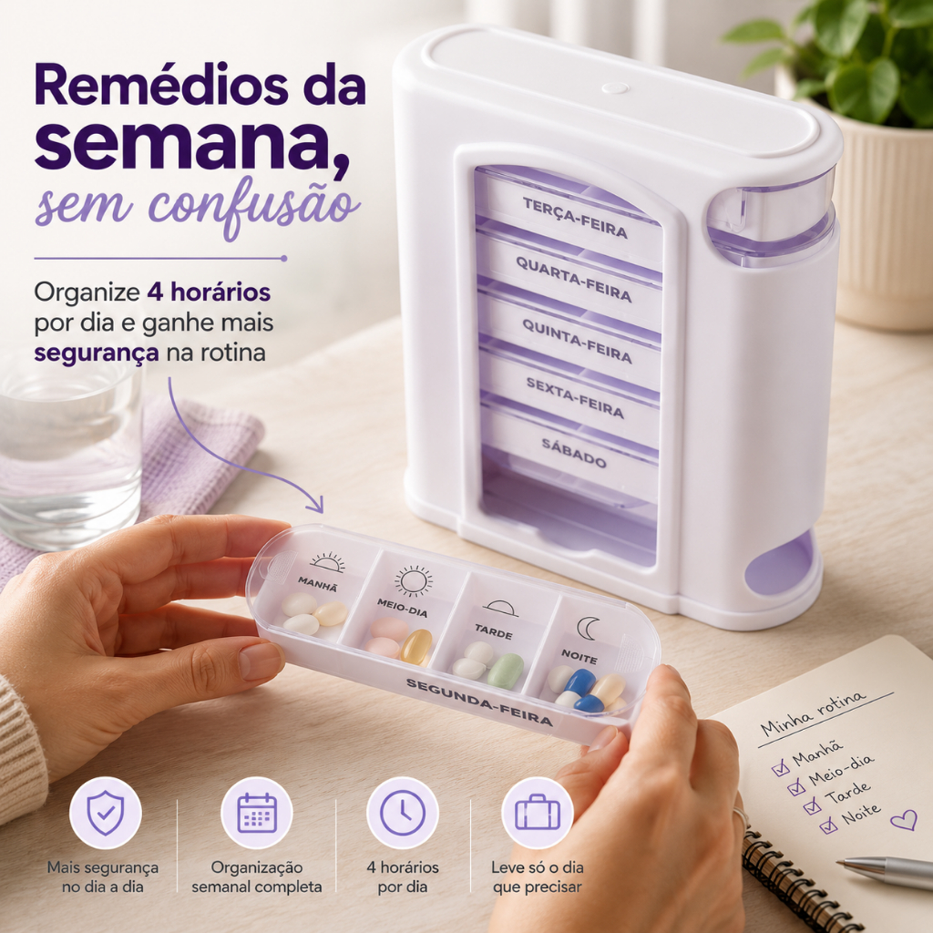 Porta Comprimidos Semanal Torre 28 Divisórias – Manhã Tarde Noite |
