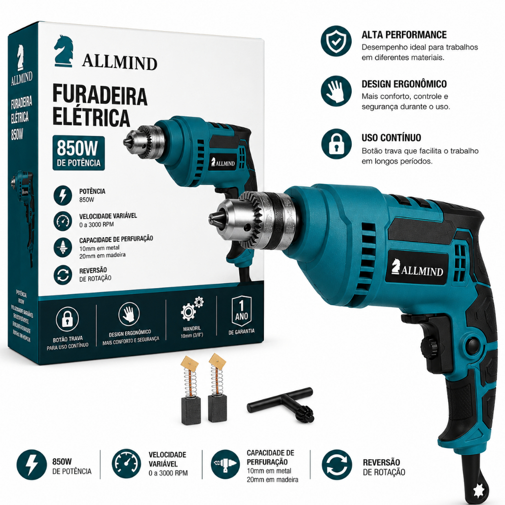 Furadeira eletrica 10mm Impacto Nakasaki 850w profissional l Reversível com Velocidade Variável