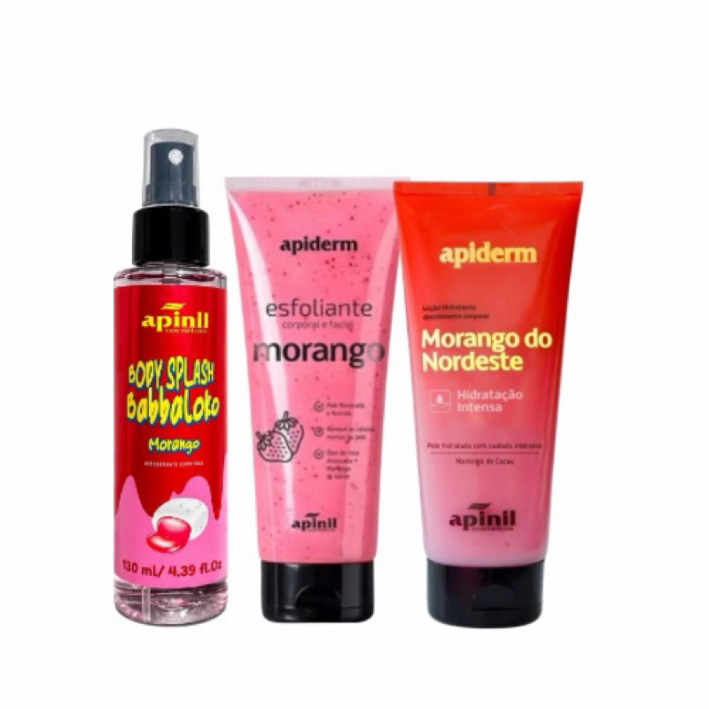 Kit Morango Apinil – Esfoliante Corporal + Creme Hidratante + Body Splash | Pele Perfumada e Hidratada
