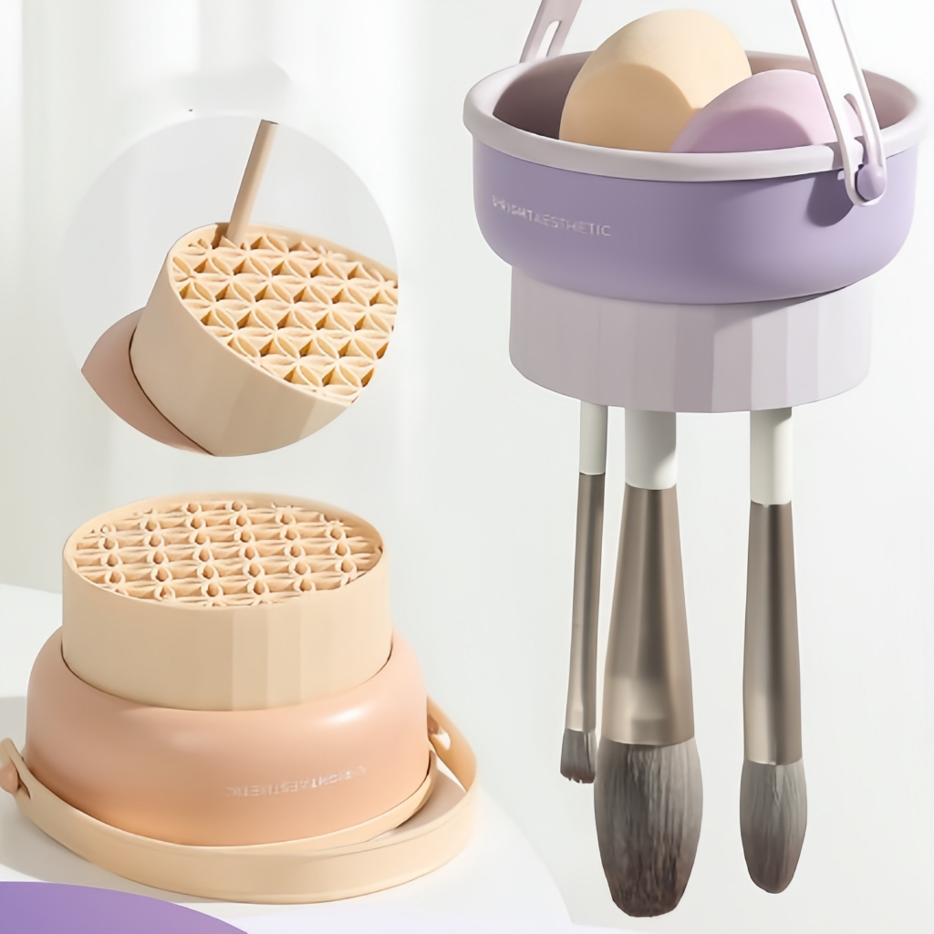 Tigela para Limpeza de Pincéis de Maquiagem – Lavar e Secar, com Esfregador de Silicone