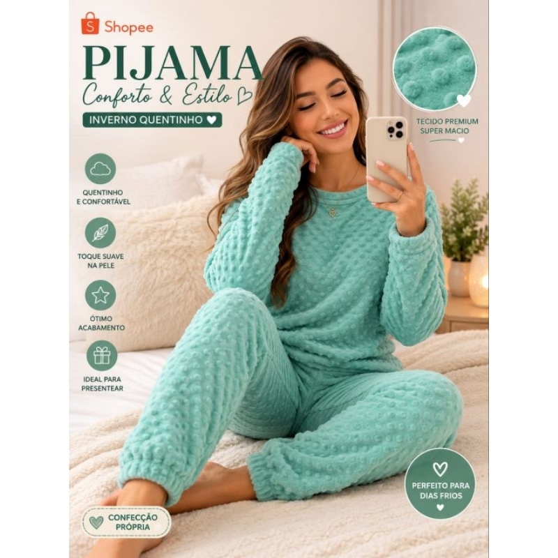 Pijama Feminino Plush Fleece Premium  Conforto Que Abraça Quentinho De Frio Calça E Blusa Manga Longa