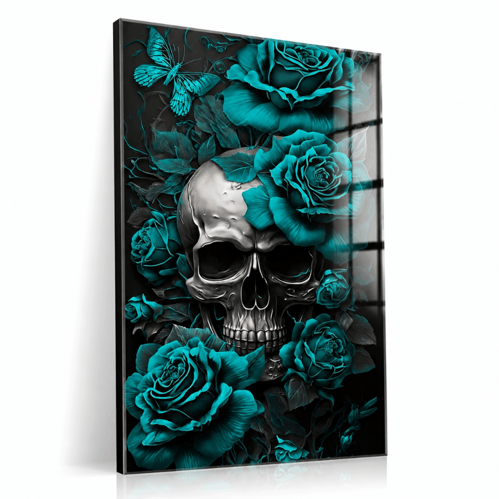 Quadro Decorativo Caveira com Rosas Azul Turquesa Arte Gótica em MDF para Sala Quarto Moderno