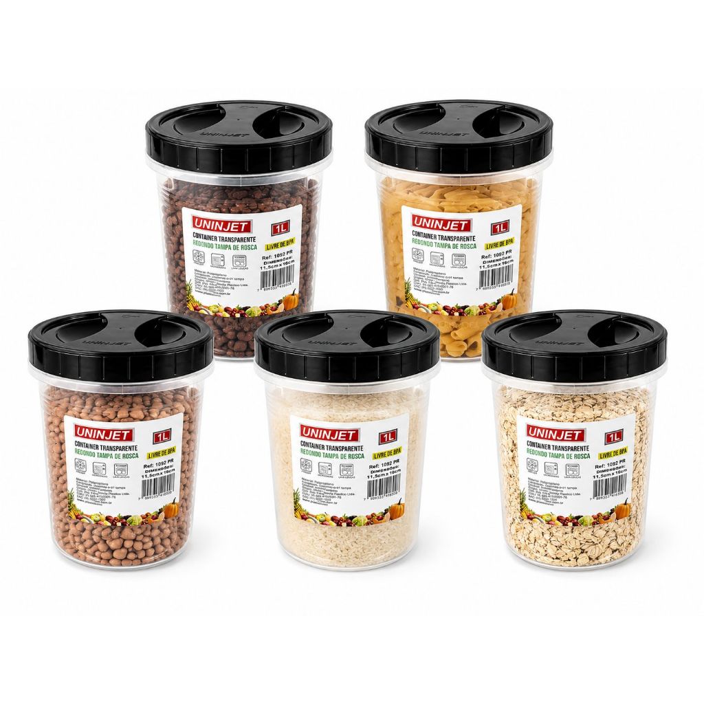 Kit 5 Potes 1L Tampa Rosqueável Organizador Mantimentos Plástico Transparente Multiuso Cozinha