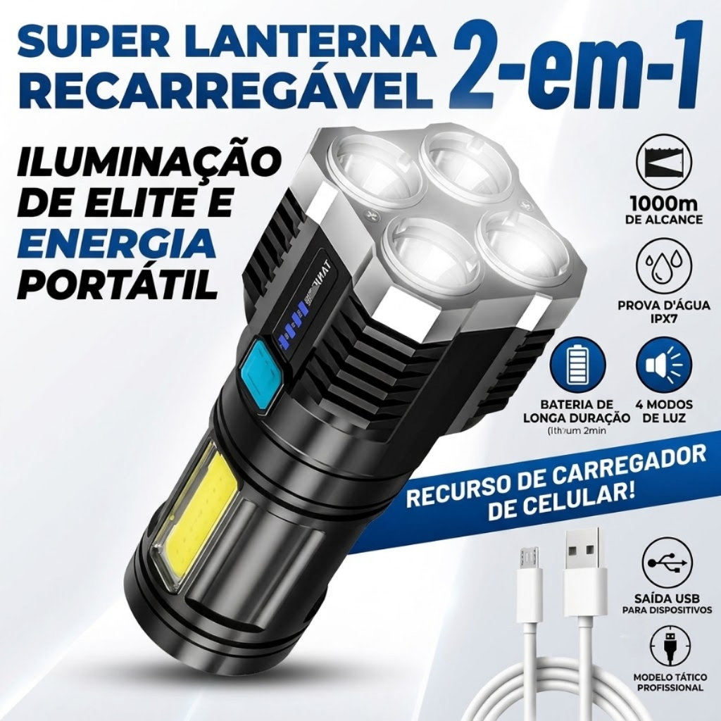Lanterna Tática Led à Prova D’água 4 Núcleos Potente Usb Recarregável Resistente à Água