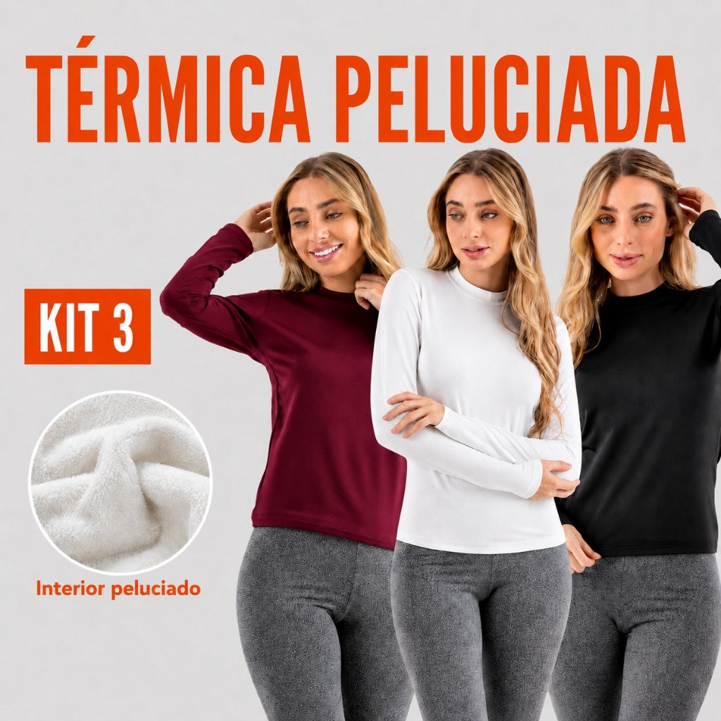 Kit 3 Blusa Térmica Segunda Pele Feminina Básica Peluciada Inverno Frio Suplex Lisa