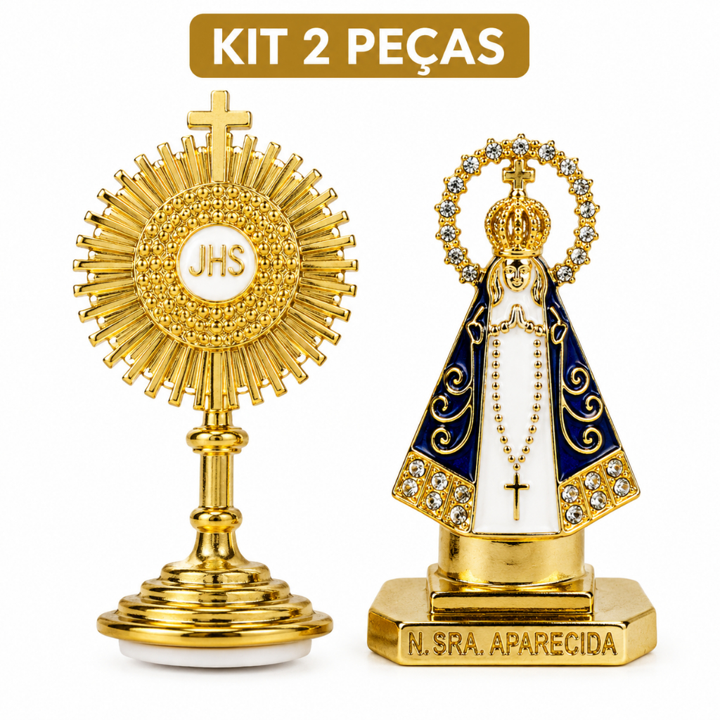 Kit Santíssimo JHS + Nossa Senhora Aparecida Enfeite Religioso Carro Painel Mesa Casa