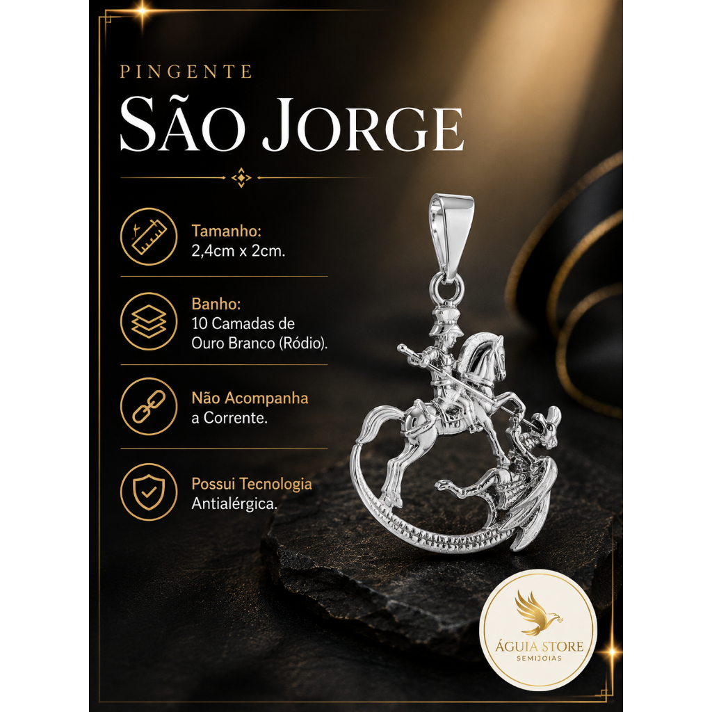 Pingente São Jorge Ouro Branco (Ródio) Medalha Proteção Divina