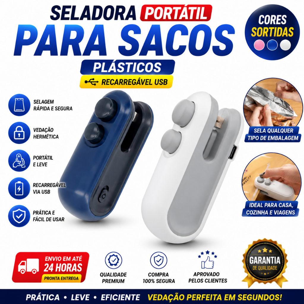 Mini Seladora de Sacos Plásticos Portátil USB Recarregável Fecha Embalagens Mantém Alimentos Frescos